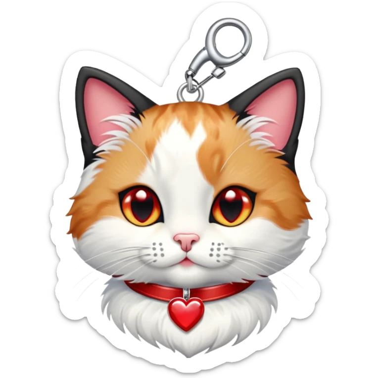 tuxedo cat with red leash and heart pendant, white fur only on mouth, small diamond spot above nose sticker