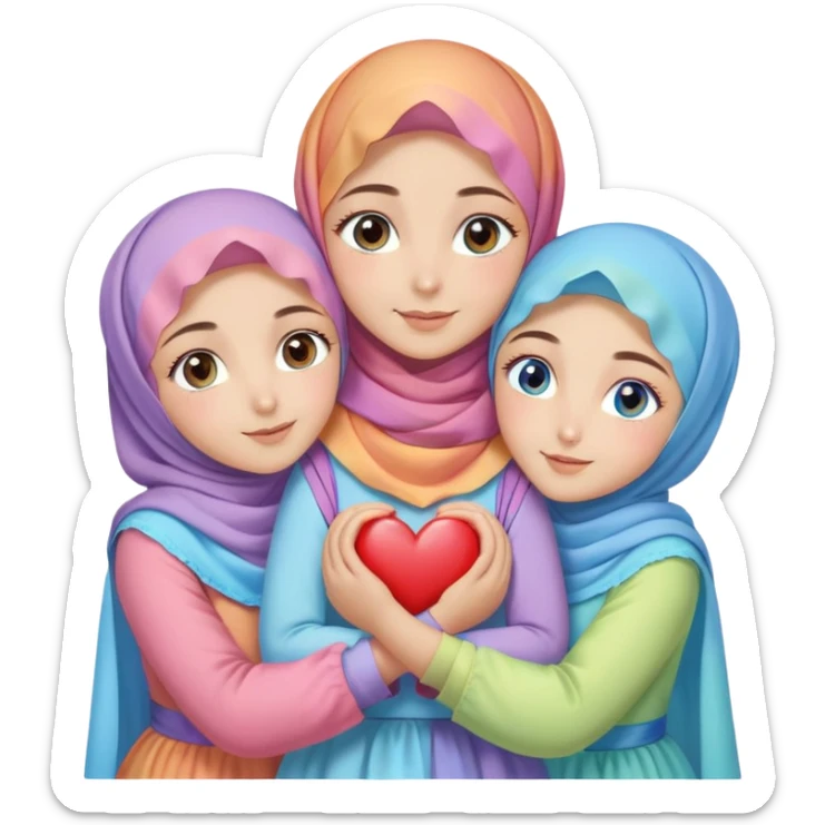 Four sister hugs Turkish girls beautiful finish Konya brown blue eyes with raimbow pastel hijab and heart dress and hugs  sticker