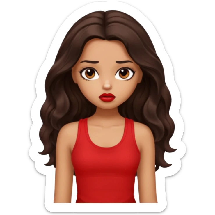 generate a pretty tan bratz girl with dark brown wavy hair long wearing a red tank top, red lipstick. Looking sad sticker