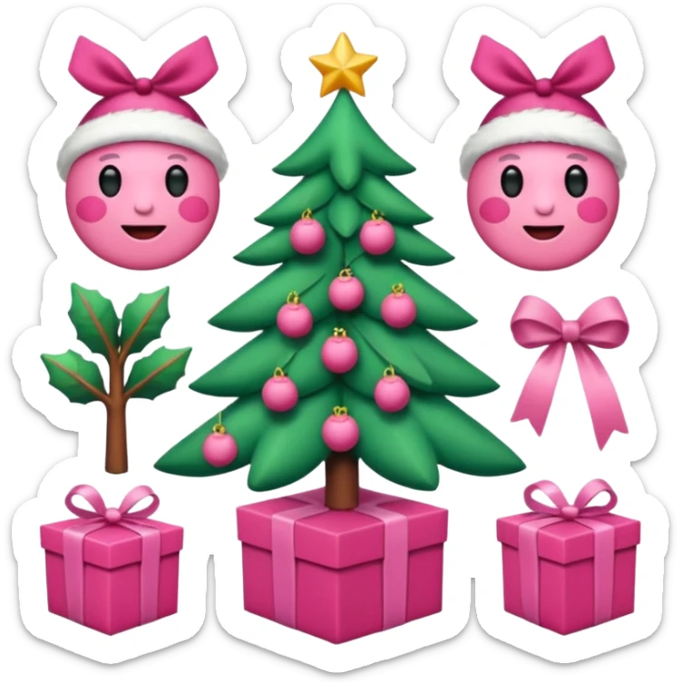 emojis estilo pixar de la cara de santa, arbolito rosa, reno, lazo coquet,bastones rosa, caja de regalo rosa, arbolito verde con bambalinas rosa sticker
