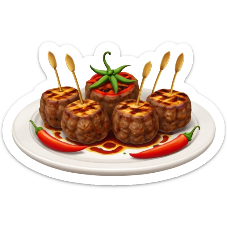 Akçaabat meatballs object icon, grilled Turkish kofte pieces on a plate, smoky char marks, juicy texture, served with grilled peppers and tomatoes, 3D cartoon, mobile game icon style, centered, clean background, no text, no watermark
 sticker