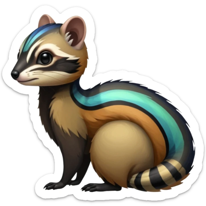 Colorful onyx-obsidian-pitch-black and iridescent Cacomistle-Numbat-Ferret-hybrid-fusion-animal-creature, full body  sticker