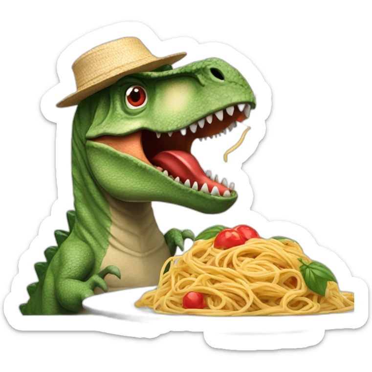 dinosaur with a red straw hat eating a plate of spaghetti with an italy flag planted on it sticker