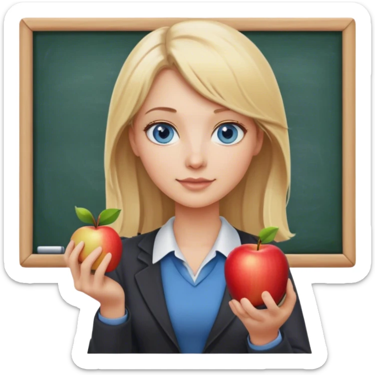 blonde hair blue eyes teacher female with apple and chalkboard sticker