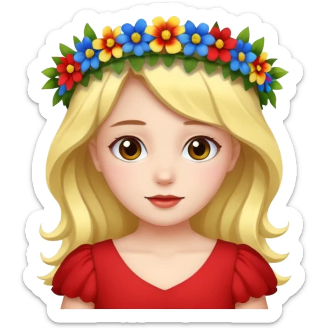 girl with flower crown in red dress and yellow ,blue,green colored flowers sticker