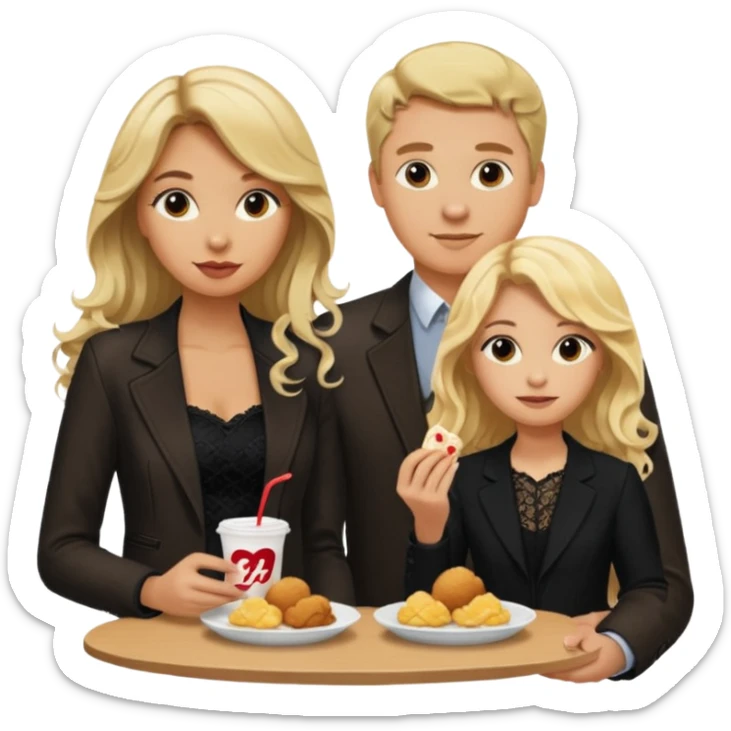Love tan woman long wavy blonde hair and black lace  with  a man short blonde hair wearing Brown  jacket eating chick filet  sticker
