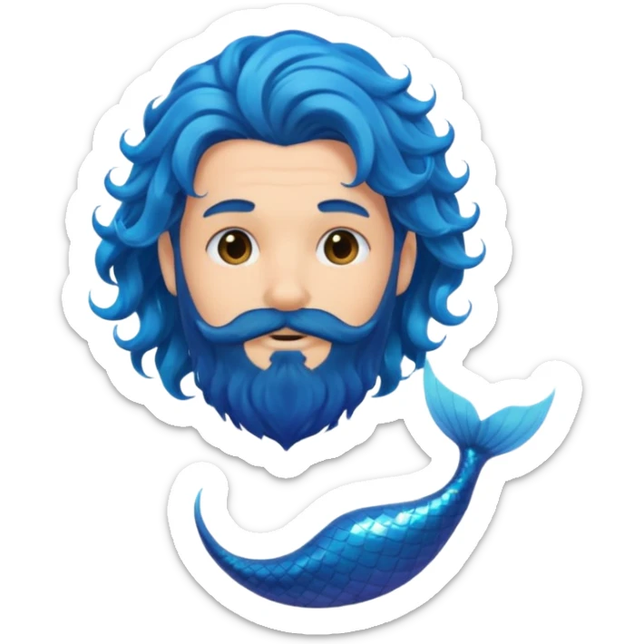 male with cascading, wavy blue mermaid hair and black beard, emoji style sticker