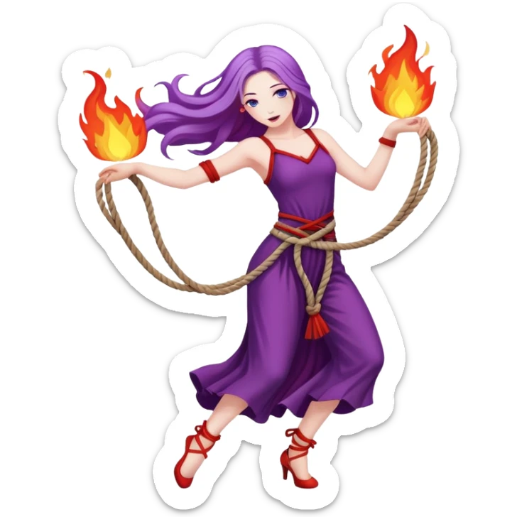 Full body rope on fire dance performer pale skin with long purple hair red dress sticker