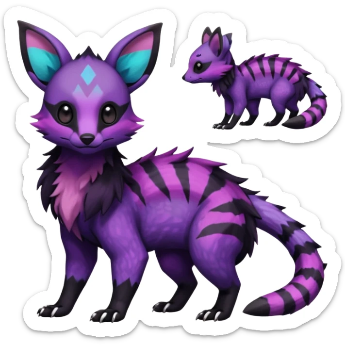 Rare exotic cute epic aesthetic gothic colorful Salandit-Eevee-Civet-species-Fakemon-hybrid-creature, with markings, full body sticker