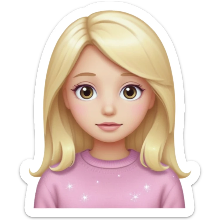 “Emoji girl, pastel pink blush, sparkly wide eyes,  oversized pastel sweater long blonde hair.” sticker