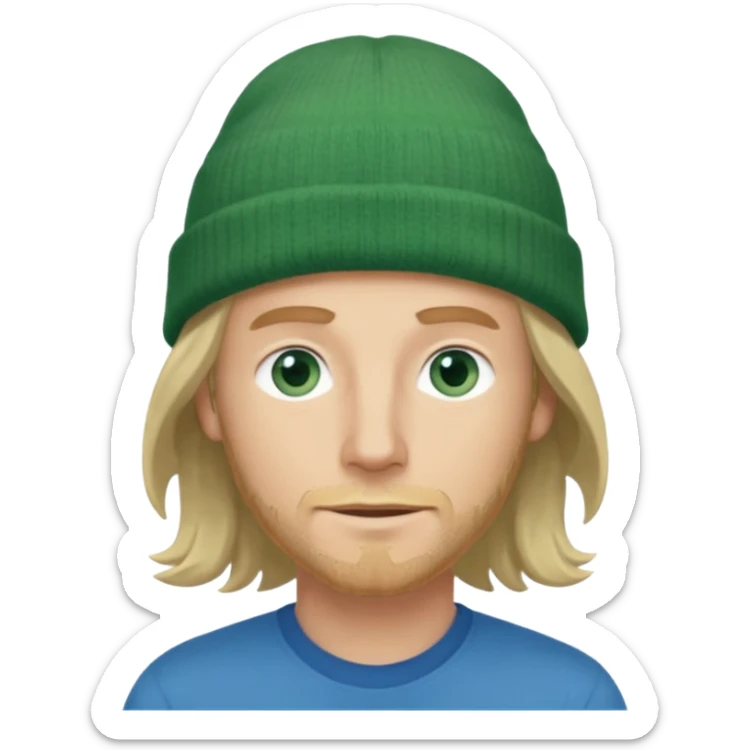 white man, mid thirties, blue eyes, mid length wavy hair, green beanie hat sticker