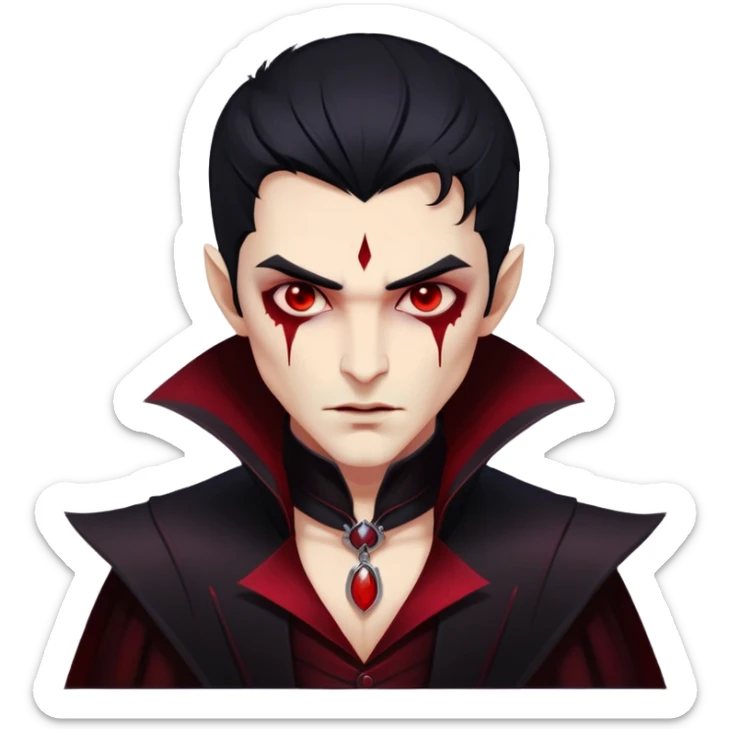 Handsome male vampire with beige skin, crimson eyes, and black hair. Wears a dark, regal outfit with blood-red accents. Controls blood and shadows, with a misty red aura and a flickering, monstrous shadow.  sticker