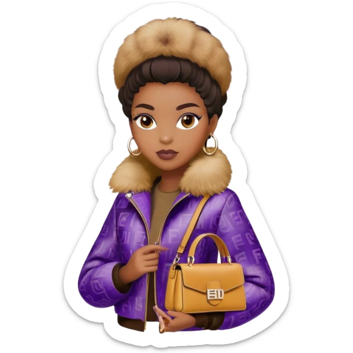 Beautiful black woman wearing a brown monogram Fendi jacket with a fur trim. She is carrying a purple Fendi Mini Peekaboo Bag. I want the image to start at her head and end at the chest sticker