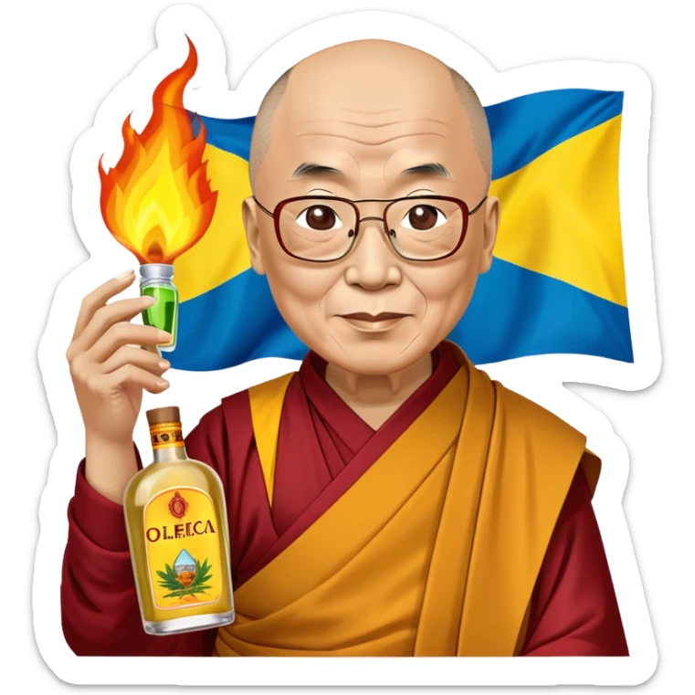 Image of Dalai Lama with a bottle of Olmeca tequila in front of burning Ukrainian flag sticker