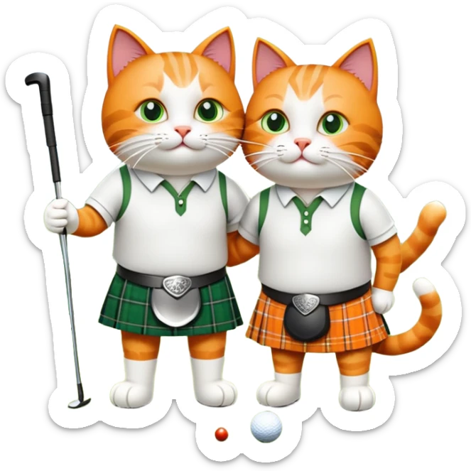 two cats in love playing golf in Scotland, wearing kilts, with the Scottish Highlands in the background sticker