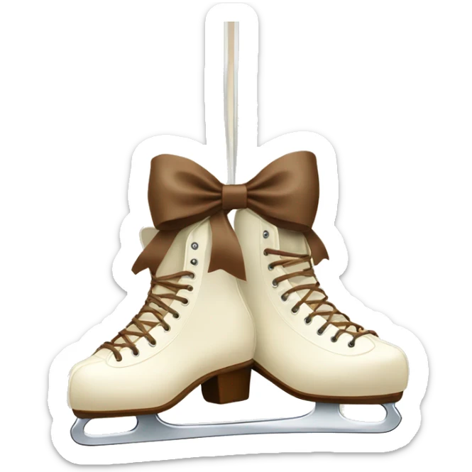 Cream color pair of ice skates hanging from a brown bow sticker