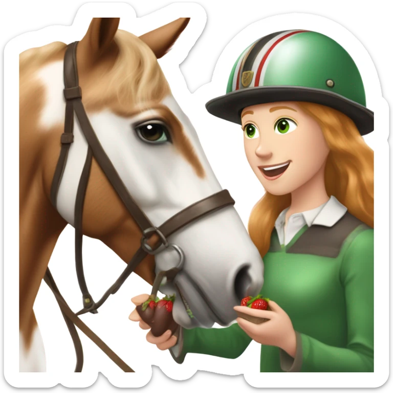 Extremely attractive and feminine white teen girl with green eyes and medium length strawberry blonde hair wearing traditional English riding helmet feeding a treat to a brown and white paint horse sticker