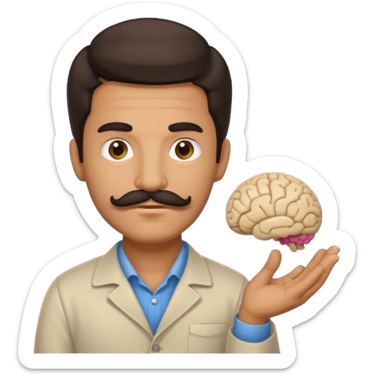 mustachioed man with dark hair holding a brain as an emoji no curl to mustache  sticker