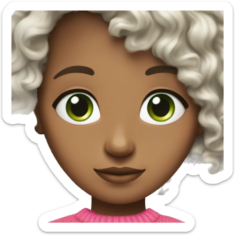 Brunette white curly hair curl with green eyes and pink sweater sticker