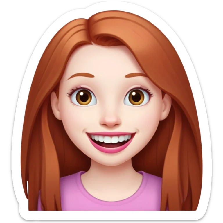 Young girl with pale skin, longer face, full pink lips smiling with big teeth, very long straight auburn hair (lighter ginger, not bright red), big brown eyes, extra large nose, big mouth, slightly asymmetrical features, less conventionally pretty sticker