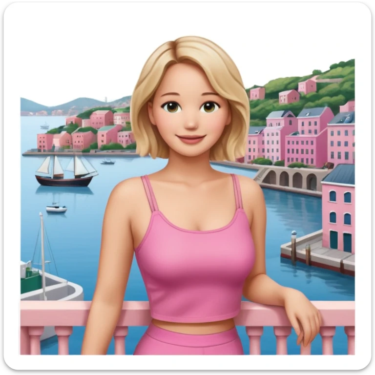 jennifer lawrence, pink crop top leaning on a balcony with a harbor and cityscape in the background, smiling sticker