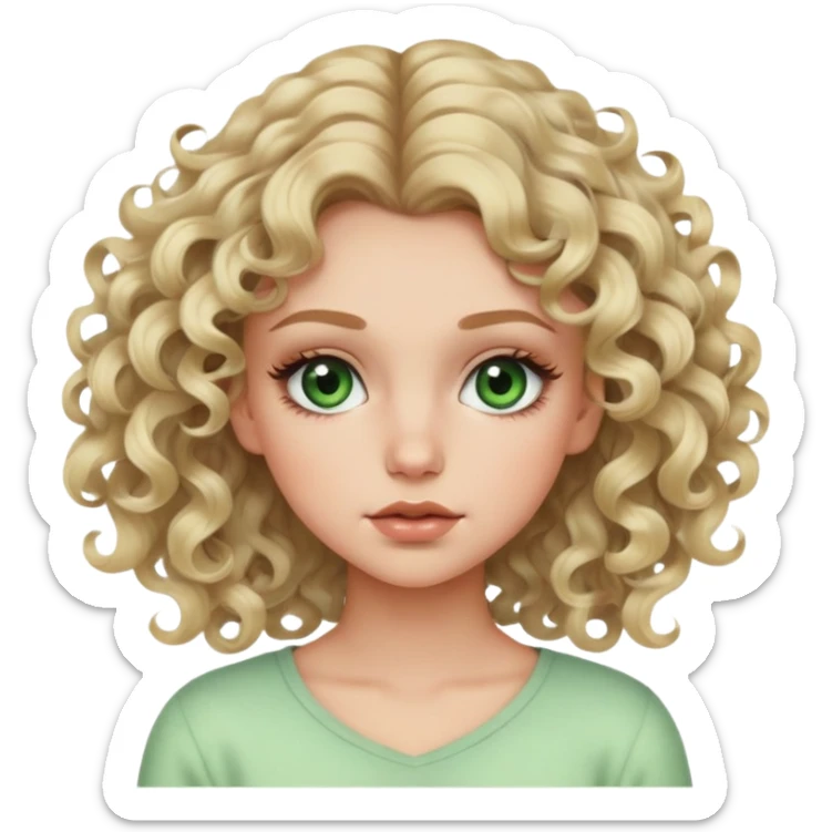 A dirty blonde girl, with curls and green eyes and big lashes. A soft look and pastel clothes sticker