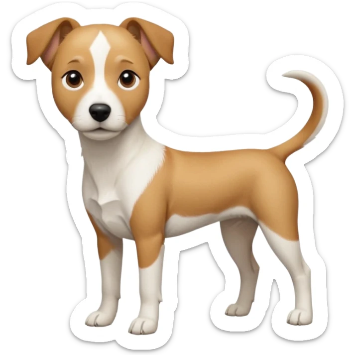 a full body facing front on of a buff white beagle cross jack russell terrier looking dog the size of a kelpie with light brown long ears resting on its face and a light brown patch above one eye and a large snout. the rest of the dog is completely white.  sticker