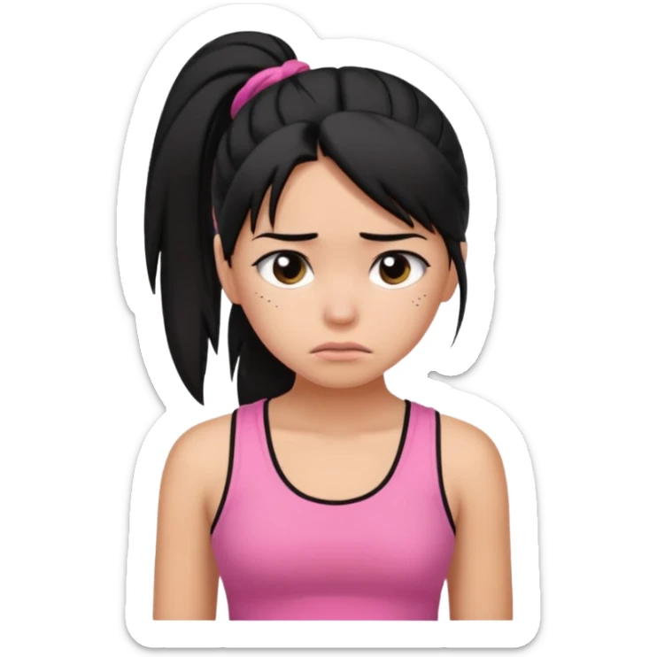 A tan girl with black hair in a ponytail. Wearing a pink tank top. Looking sad sticker