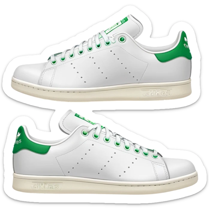 Pair of Adidas Stan Smith sneakers in white and green colorway, one positioned behind the other, both shoes shown from side angle sticker