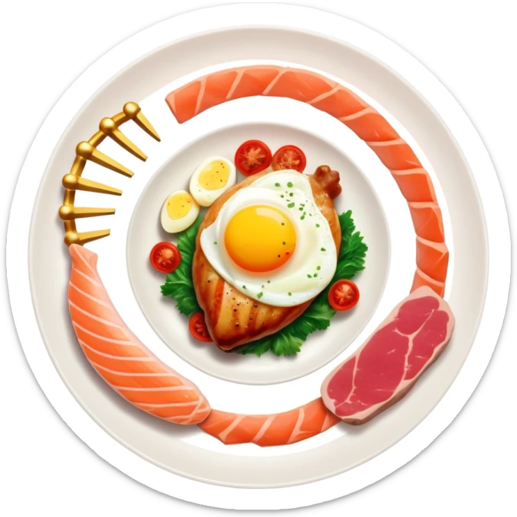 Floating plate with protein foods: large golden chicken breast in the center, smaller salmon fillet, red meat steak, and an egg, all orbiting a DNA double helix, with energy rays connecting to a muscular figure silhouette sticker