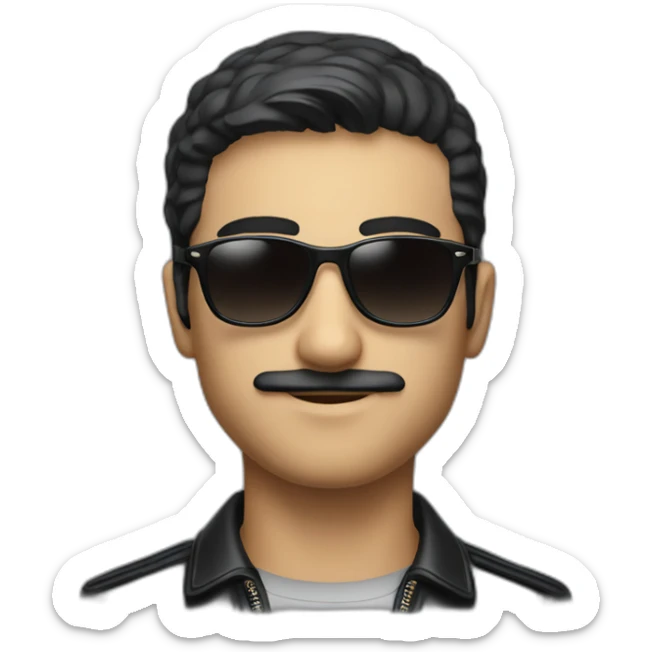 A young Iranian man with a short moustache in a cuir veste and Lacoste shirt and sunglasses and dark ai sticker