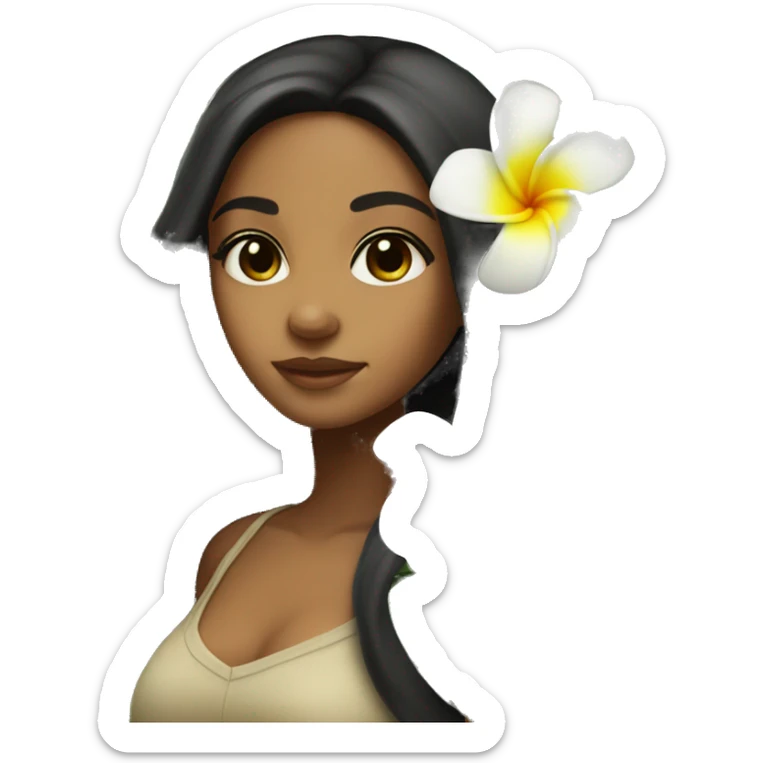 Brown Island girl with long black hair and a plumeria flower sticker