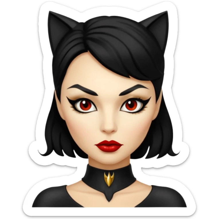 Cat woman goldish skin dark black eyes with black eyeliner dark hair big lips  sticker