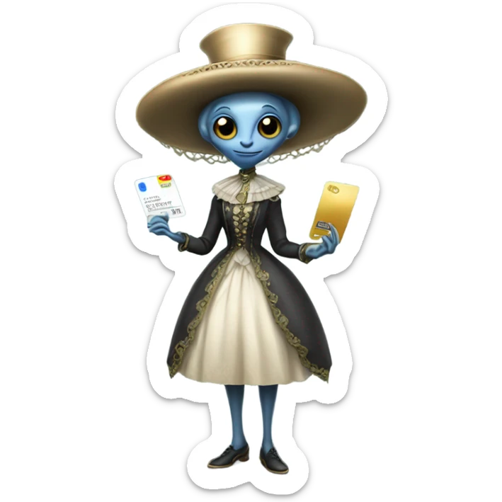 alien galora in Victorian dress elegant, full body, holding big credit card sticker