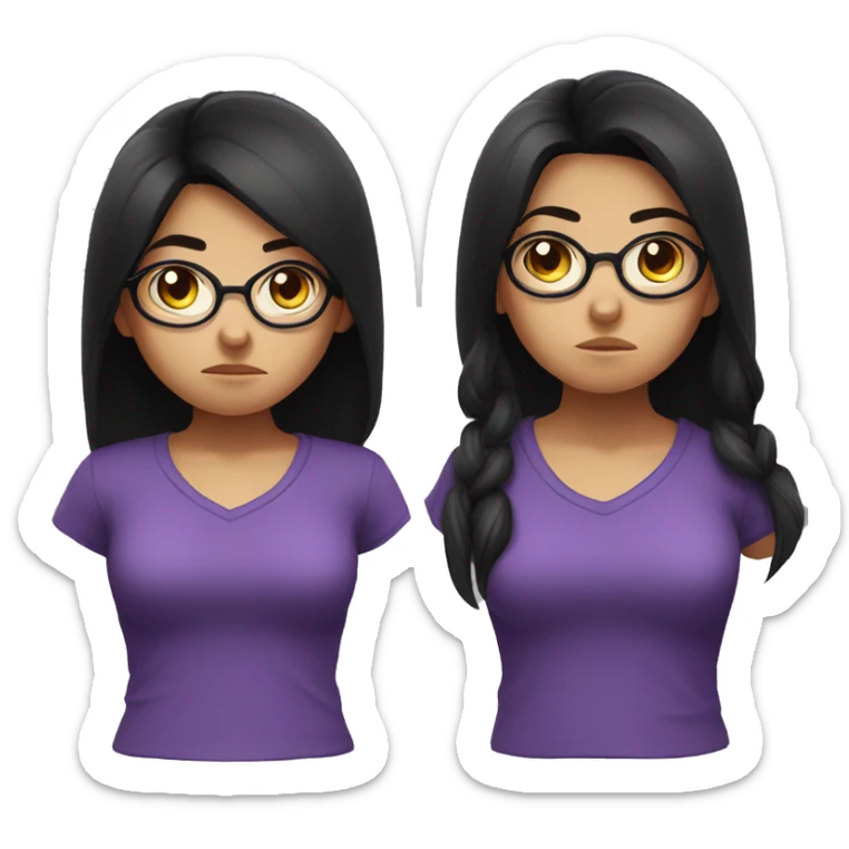 Angry scowling girl, purple shirt, long black hair, brown eyes, wearing glasses, with arms crossed over chest. sticker
