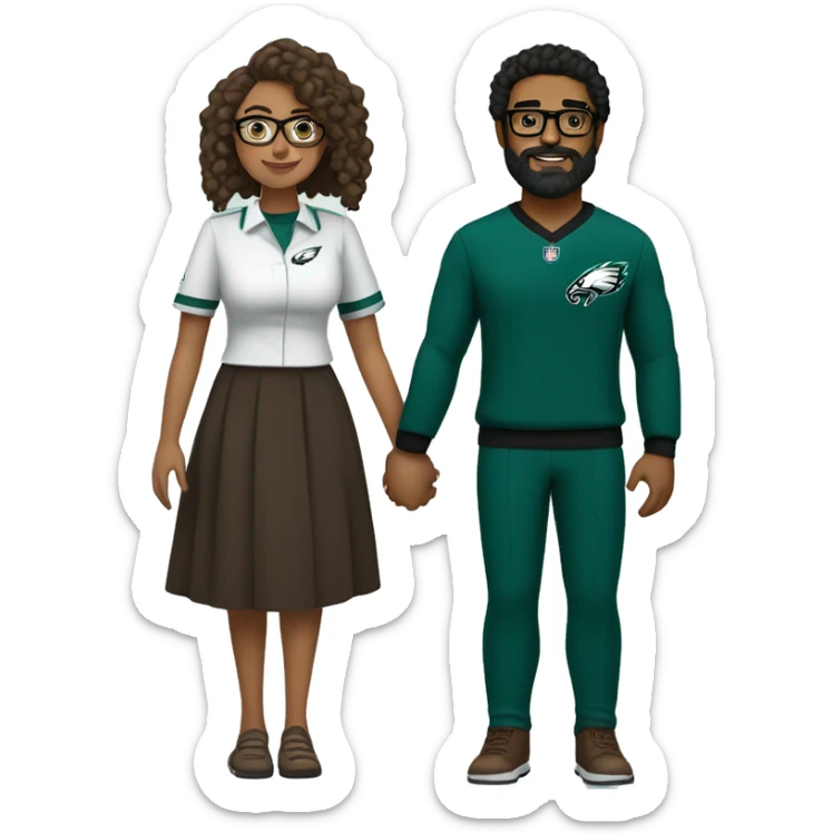 Brown guy with beard mustache and brown girl with glasses and her hair in a bun in Philadelphia eagles clothes holding hands sticker