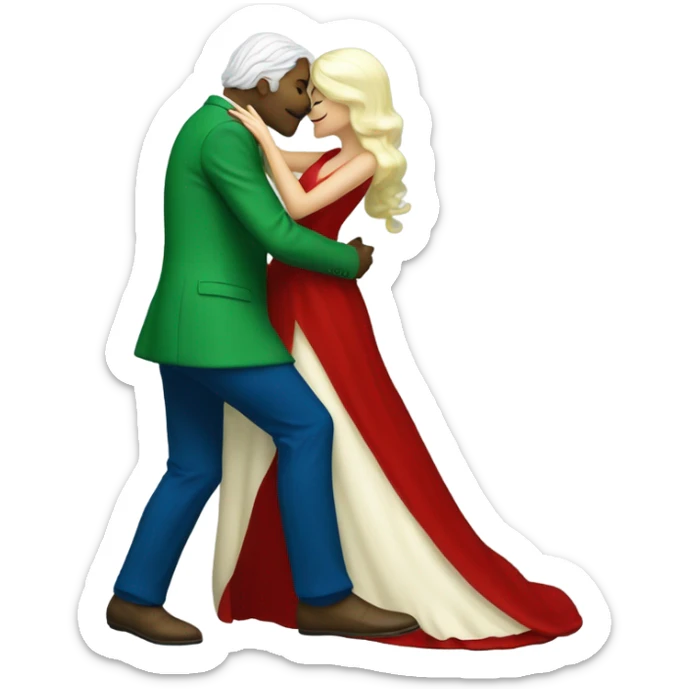 Beatiful tall green skin female reptilian in red dress, kissing white man in blue dress, full figure, full body sticker