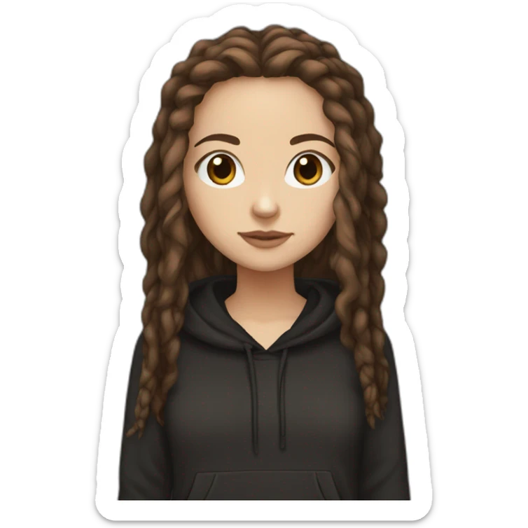 white girl with thick long big brown dreadlocks, brown eyes, and a black hoodie sticker