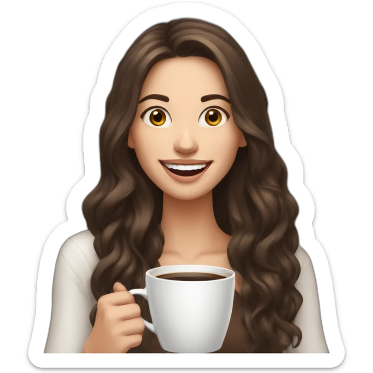 white young brunet woman with long hair with face visible huge smile and eyes wide open holding a huge cup of coffee sticker