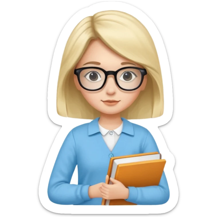 cute girl, glass, smart, Sky-blue colored clothing,
holding a book in one arm and a pen in the other hand.Holding a pen in the right hand as if teaching.Wearing black glasses, with a smart and bright-looking face. sticker