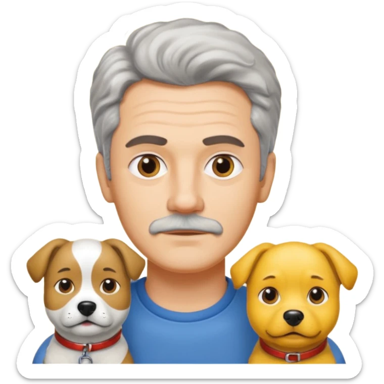 Italian man with salt and pepper hair no mustache beside two yellow dogs sticker