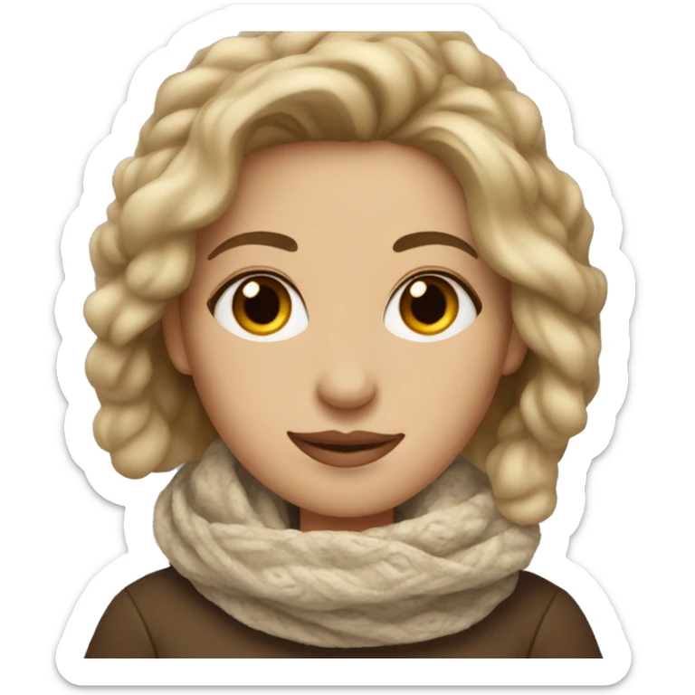 Dark blonde hair woman with brown eyes cozy scarf with coffee sticker