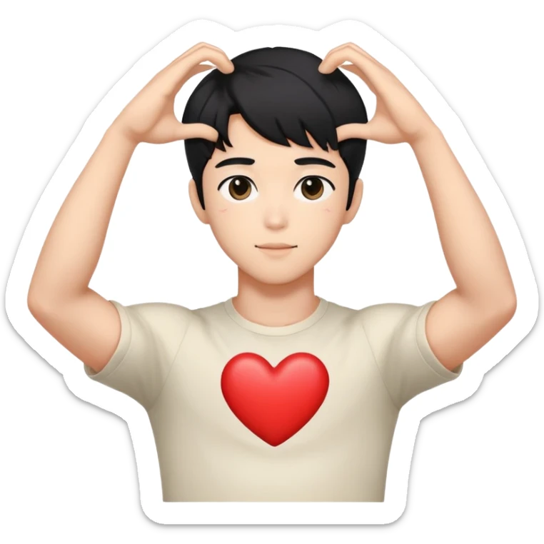 Black-haired male idol forming a heart shape with his arms above his head, arms curved to make heart outline, K-pop style sticker