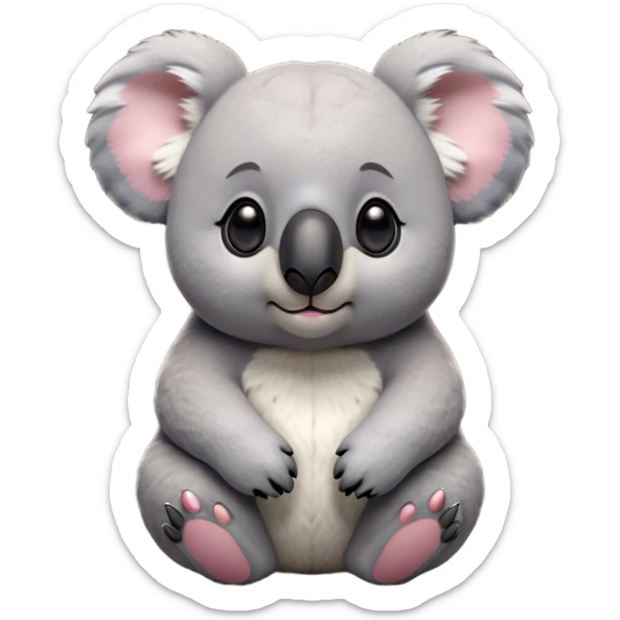 Cinematic Noble Koala Portrait Emoji, Poised and regal, with a stocky, cuddly build and a plush, well-groomed grey fur, large round ears and a distinctive big black nose, deep-set soulful dark eyes, Simplified yet sharp and sophisticated features, highly detailed, glowing with a soft, dignified glow, high shine, intelligent and gentle, stylized with an air of eucalyptus elegance, focused and attentive, soft glowing outline, capturing the essence of a watchful and confident marsupial, so majestic it feels as though it could climb out of the screen with effortless authority! sticker