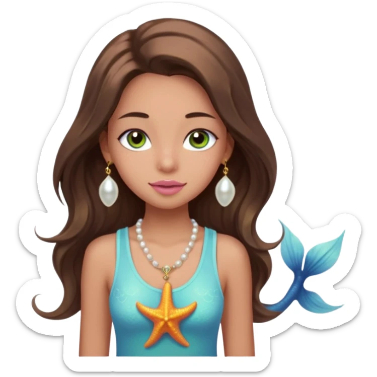Create a teen girl wearing a light blue tank top. She will have long brunette hair, tan skin, pink lips, and grey-green eyes. She has long eyelashes. She also has light freckles and is wearing a gold charm necklace that has an n on it, a pearl, a sun, a starfish, a mermaid tail, and seashell sticker