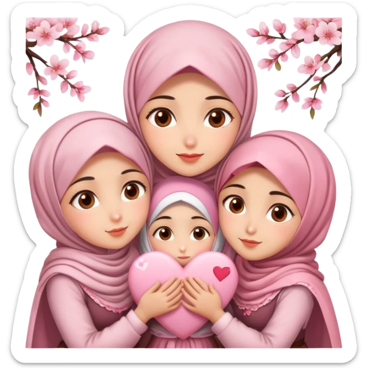 Four sister hugs Turkish girls beautiful finish Konya brown eyes with cherry blossom hijab and heart dress and hugs  sticker