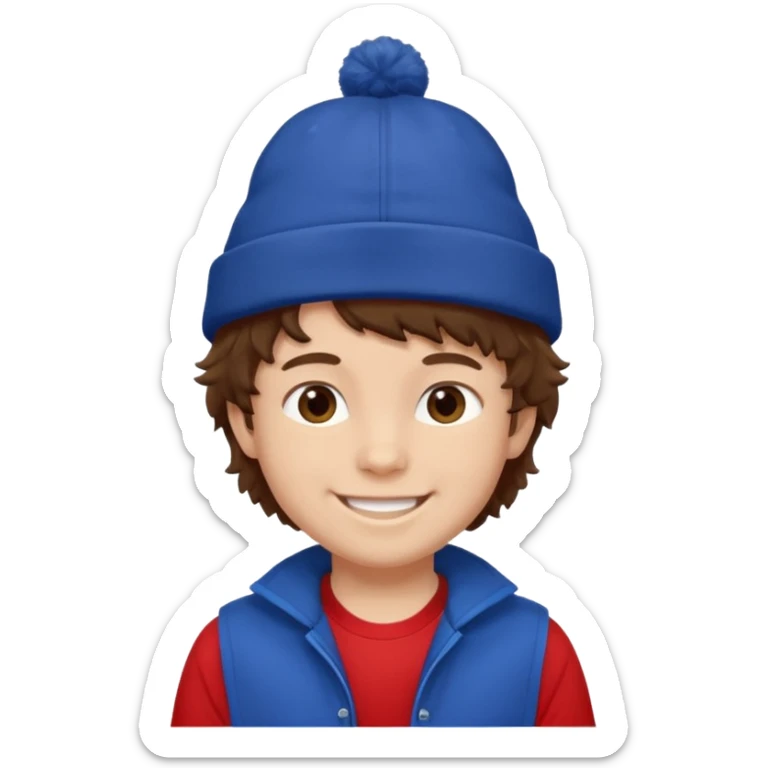 brown fluffy hair kid with blue and white hat dark blue jilet red t shirt sticker