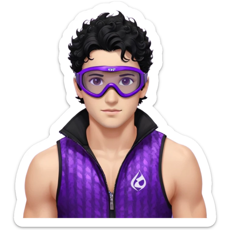 male athlete with white skin and moderately curly black hair on top with shaved sides, wearing ski goggles with purple frames and very dark black lenses, a simple plain black chain necklace, and a completely unzipped sleeveless vest with purple and black sequin fire pattern design with no logo or brand emblem, fully revealing his chest, shoulders and arms, no earrings sticker