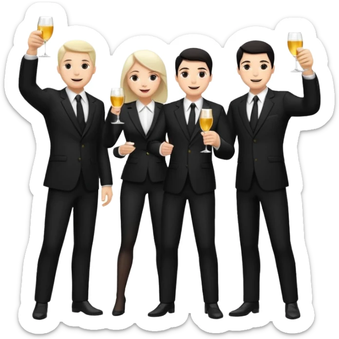 Un equipo de venta con trajes negros, personas blancas solo 3 celebrando un logro con un brindis. El fondo negro totalmente  sticker