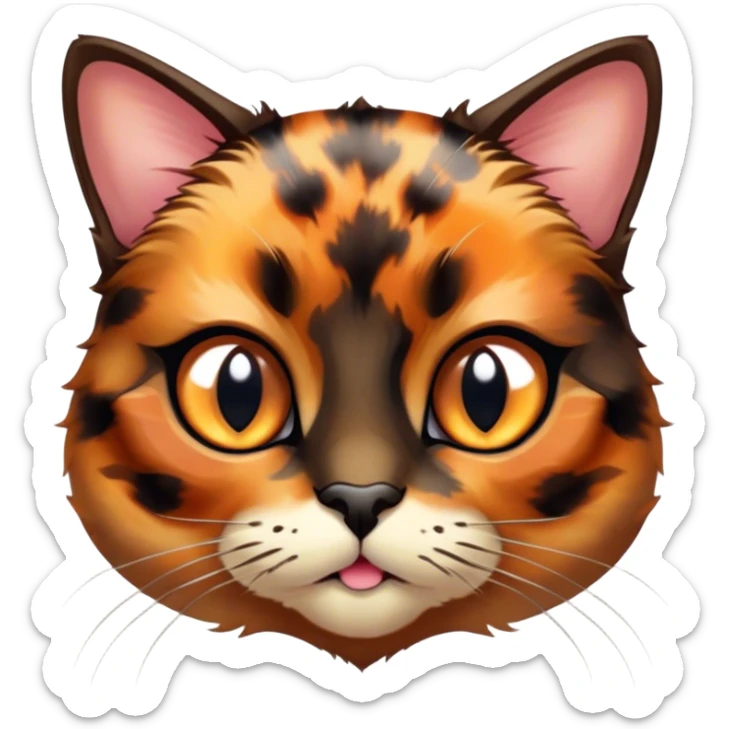 Cinematic Cute Tortoiseshell Cat Portrait Emoji, Head cocked sweetly with bright, curious eyes and a cuddly, mottled fur of rich browns and blacks, simplified yet charmingly adorable, highly detailed, glowing with a warm, gentle radiance, high shine, playful and endearing, styled with a dash of whimsical feline magic, soft glowing outline, capturing the essence of a cute tortoiseshell cat that seems ready to pounce with affectionate mischief! sticker